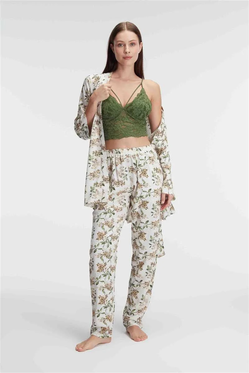 İp Askılı V Yaka Çiçek Desenli Yazlık Dokuma Dantel Detaylı Sabahlık Pijama Takımı