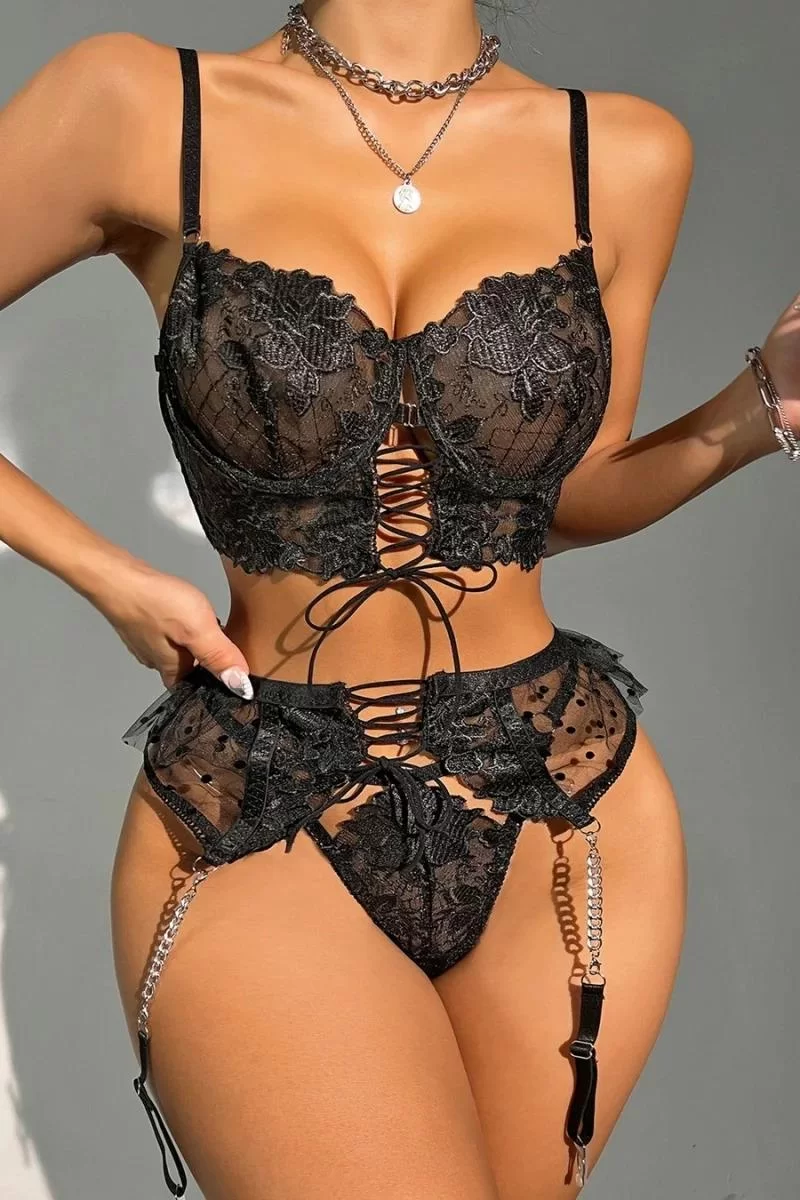 Büstiyerli Dantel Fantezi Siyah Jartiyer Takımı
