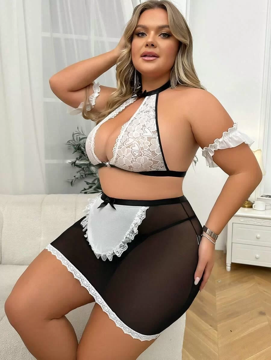 Özel Tasarım Büyük Beden Dantelli Fantezi Hizmetçi Kostümü