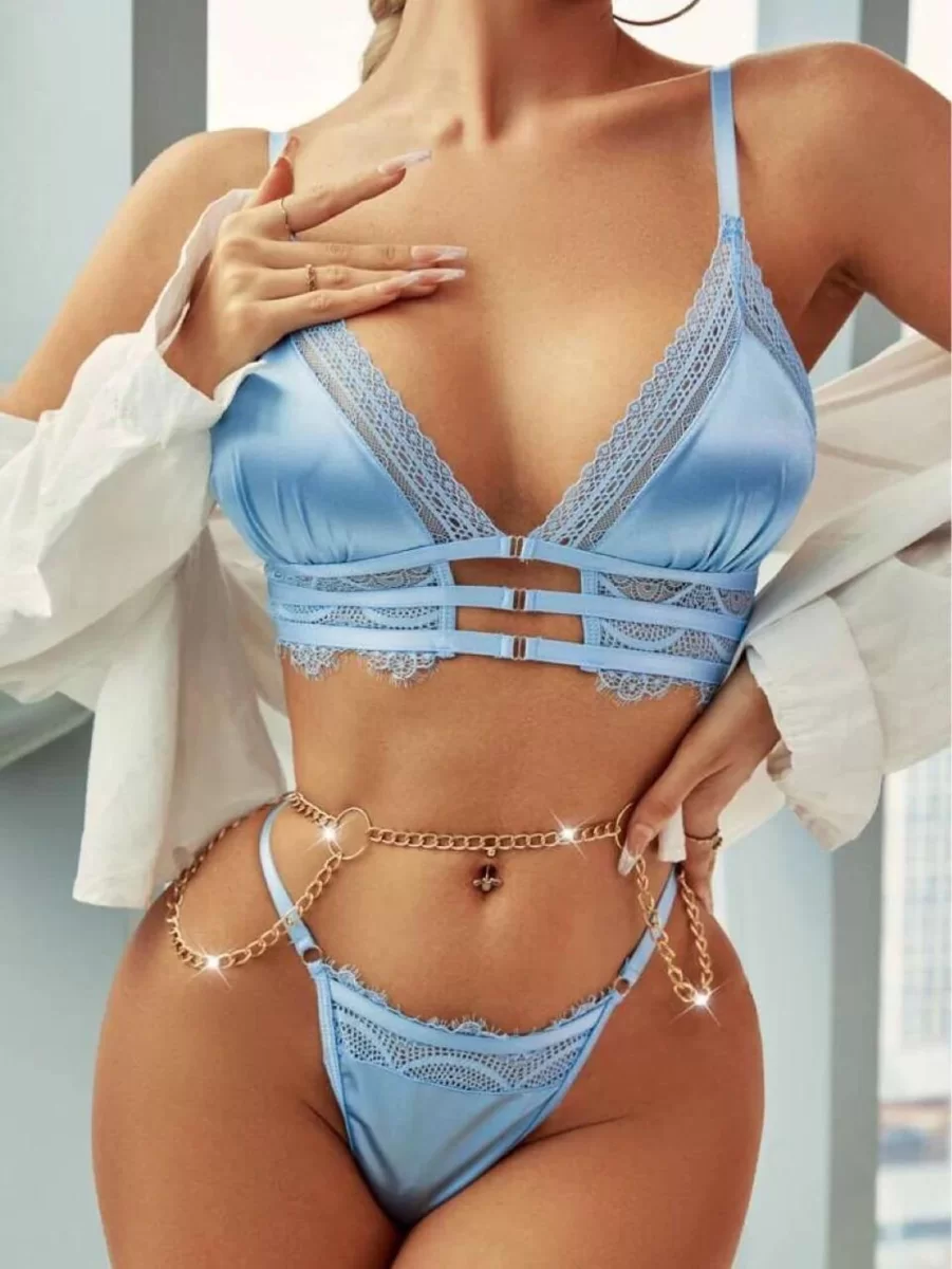 Mavi Zincir Detaylı Fantezi Sütyen Takımı