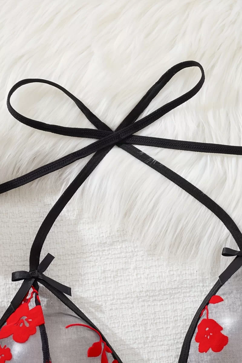 Çiçek Desenli Siyah Transparan Gecelik