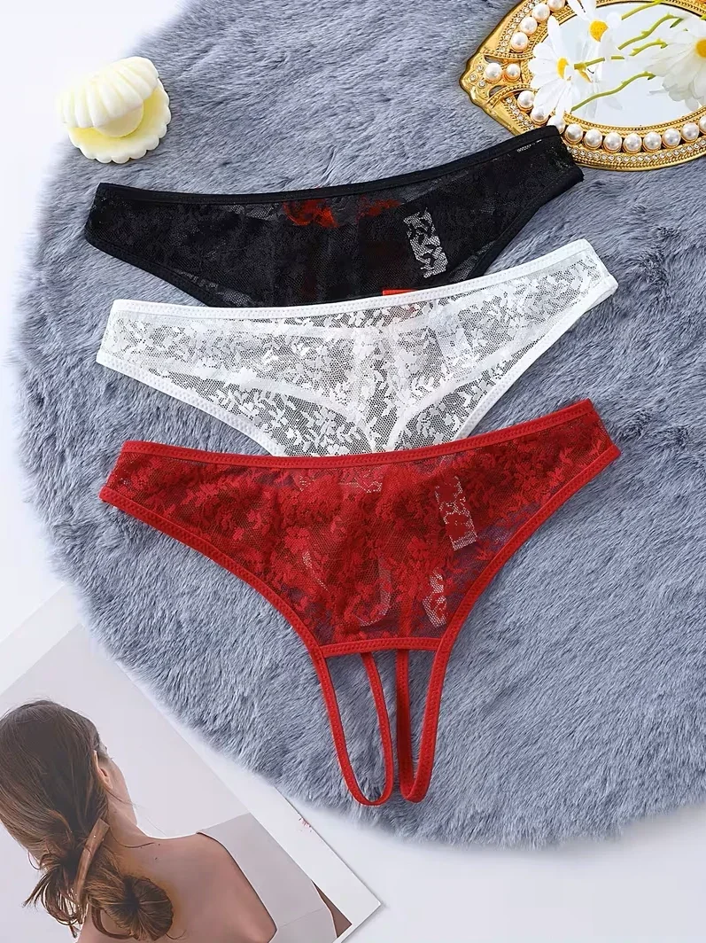 Kadın 3'lü Seksi Ağ Bölgesi Açık Dantelli Tanga Seti