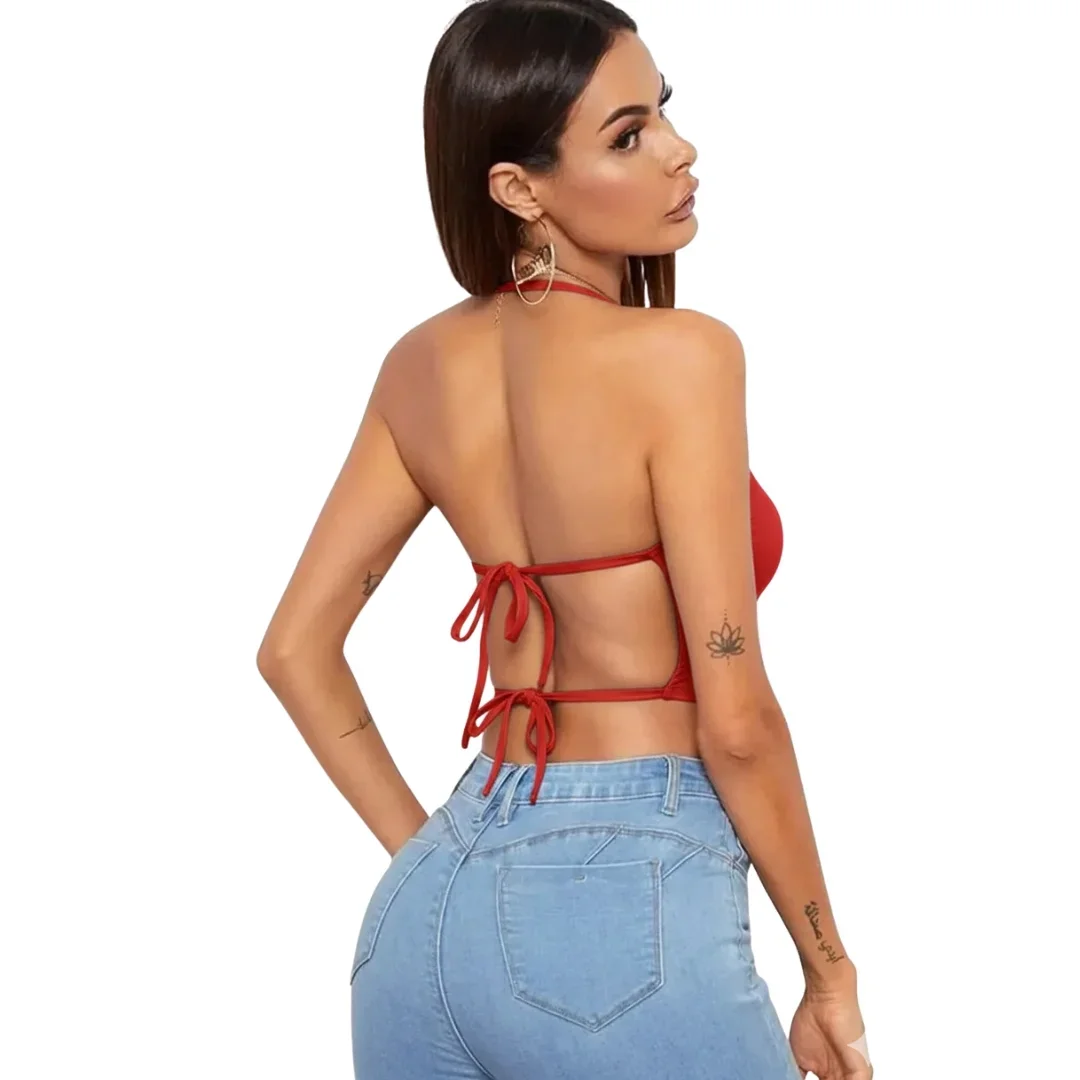 Kadın Sırtı Açık Kırmızı Belden Bağlamalı Crop Büstiyer