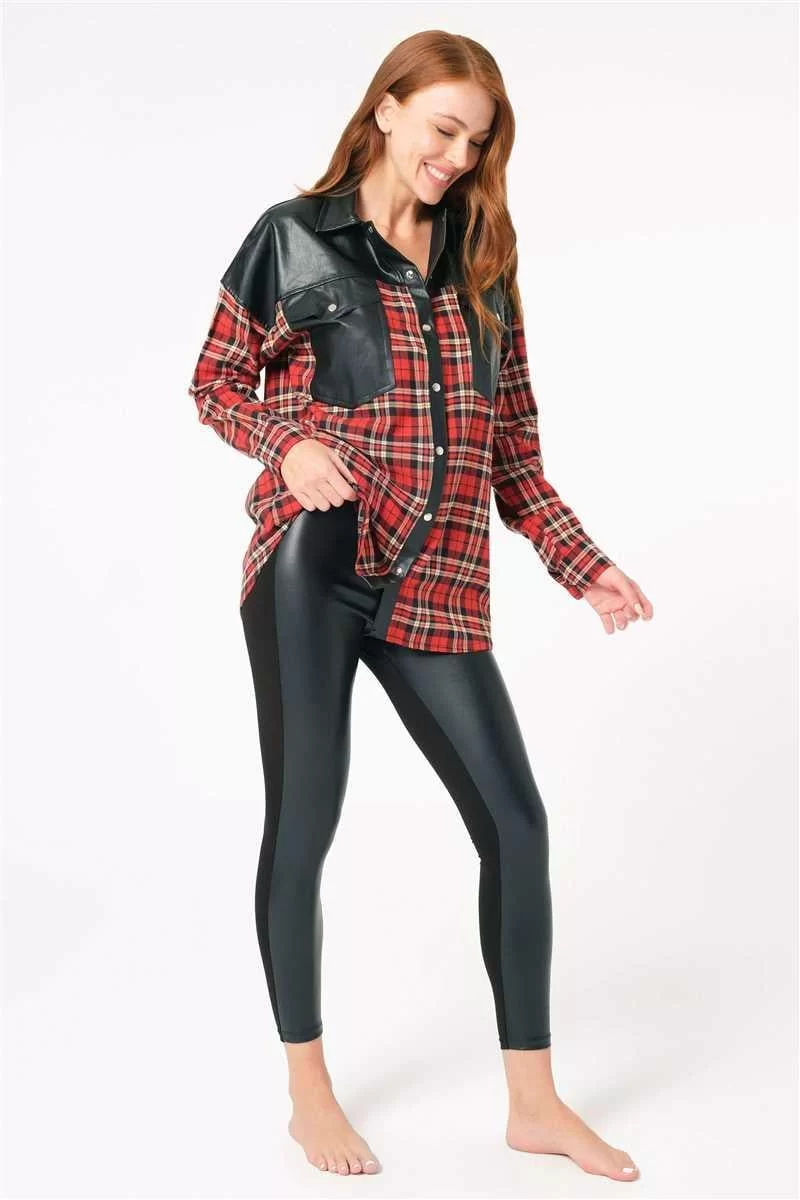 Pamuklu Ekose Çıtçıtlı Uzun Kol Cepli Gömlek Ve Deri Görünümlü Tayt Takımı