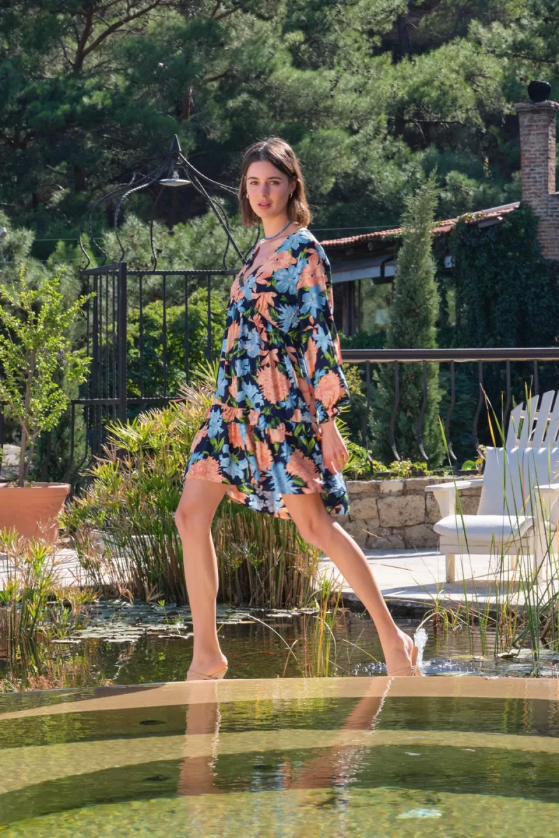 Viskon Çiçek Ve Yaprak Desenli Uzun Kollu Elbise