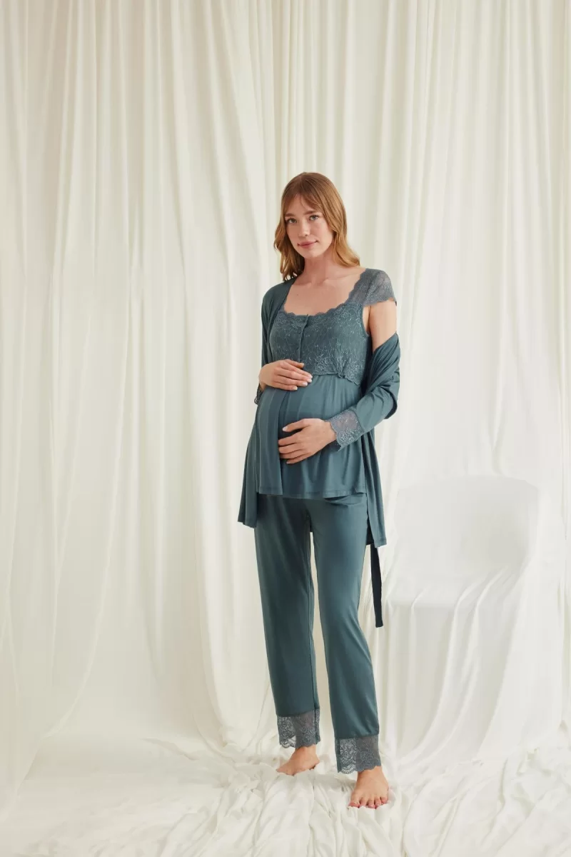 Dantelli Önü Düğmeli Hamile Lohusa 3'lü Viskon Pijama Takımı