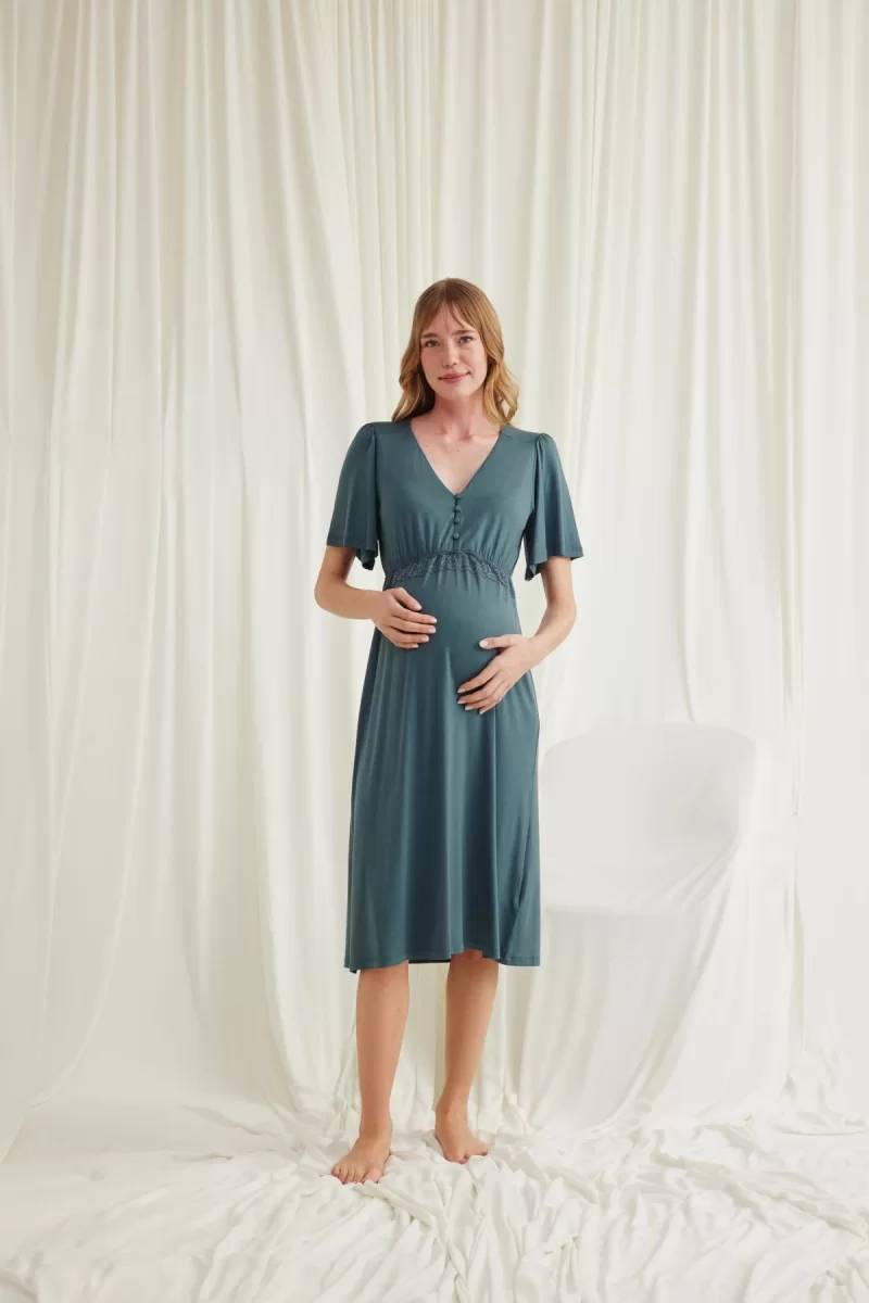 Dantelli Önü Düğmeli Hamile Lohusa Viskon Gecelik