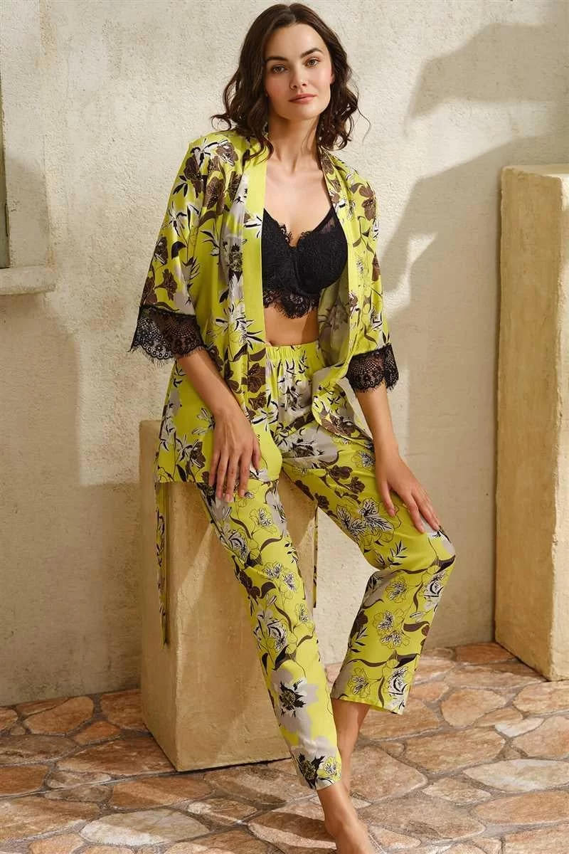 Dokuma Viskon Çiçek Baskılı Dantelli Sabahlık Balenli Desteksiz Dolgusuz Büstiyer Sütyen Ve Pantolon Pijama 3'lü Takım