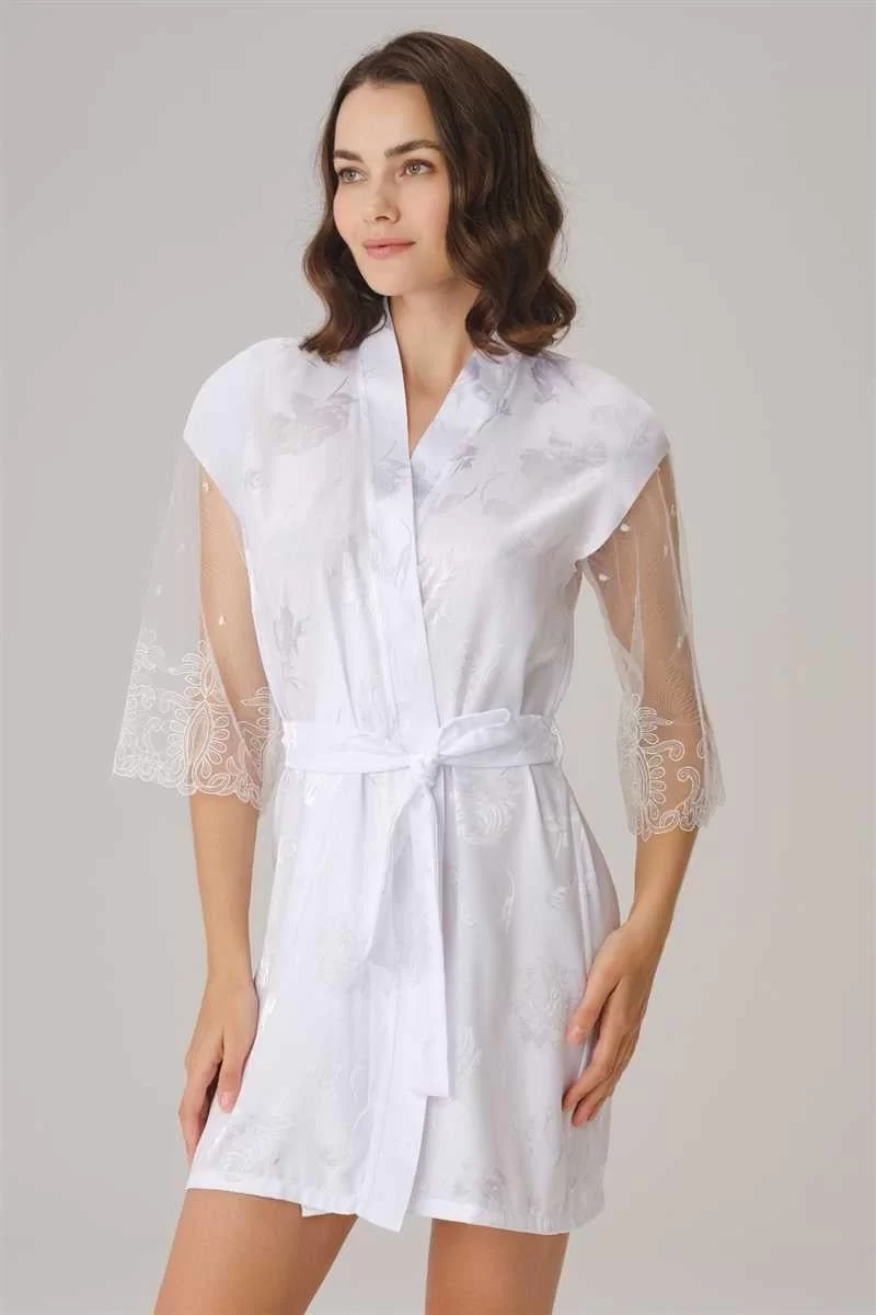 Çeyizlik Uzun Kol V Yaka Saten Düz Yazlık Mini Dantel Detaylı Sabahlık