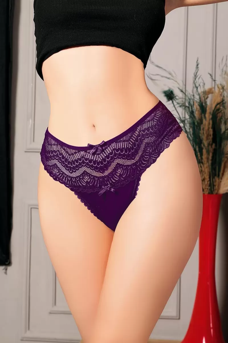 Büyük Beden Bel Kısmı Dantelli Fantezi Mor Tanga String