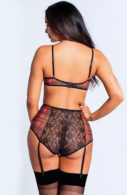 Ekose Desenli Yüksek Bel Fantezi Jartiyer Takımı