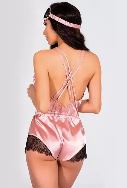 Pembe Dantelli Sırtı Çapraz Saten Şort Tulum