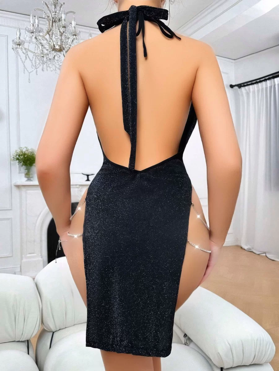 Siyah Seksi Elbise Zincirli 6666