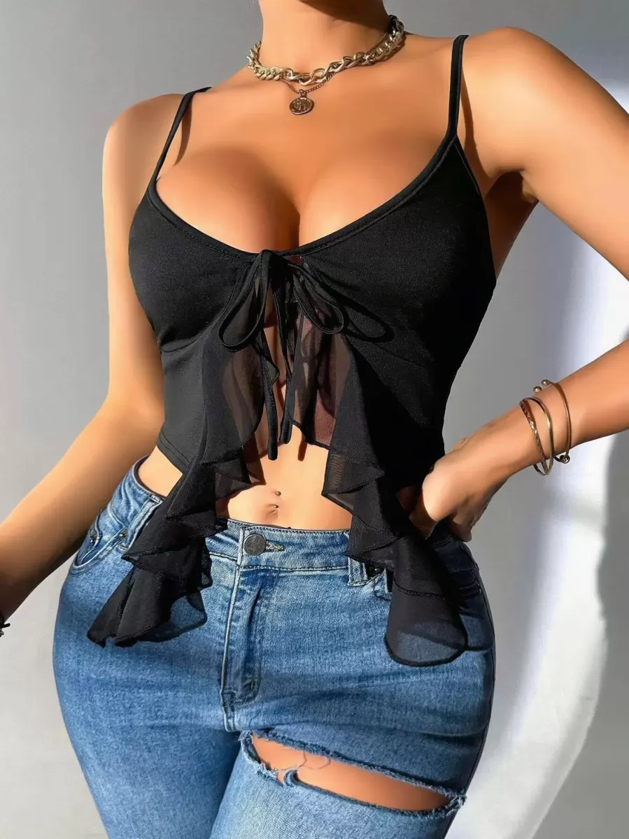 Siyah İnce Askılı Önden Bağlamalı Fırfır Detaylı Crop