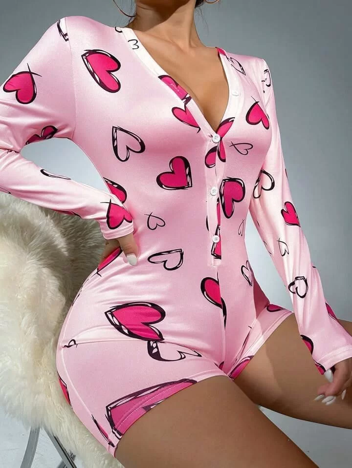 Pamuklu Pembe Kalp Desenli Düğmeli Uzun Kol Tulum Pijama
