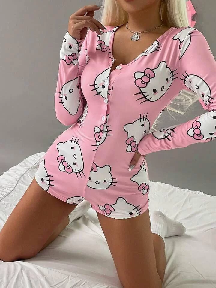 Pamuklu Pembe Hello Kitty Desenli Düğmeli Uzun Kol Tulum Pijama