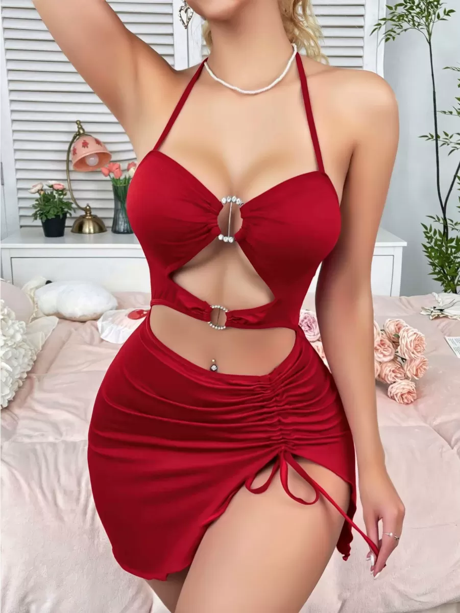 Kadın Kırmızı Boyundan Bağlamalı Yırtmaç Detaylı Şık Mini Elbise