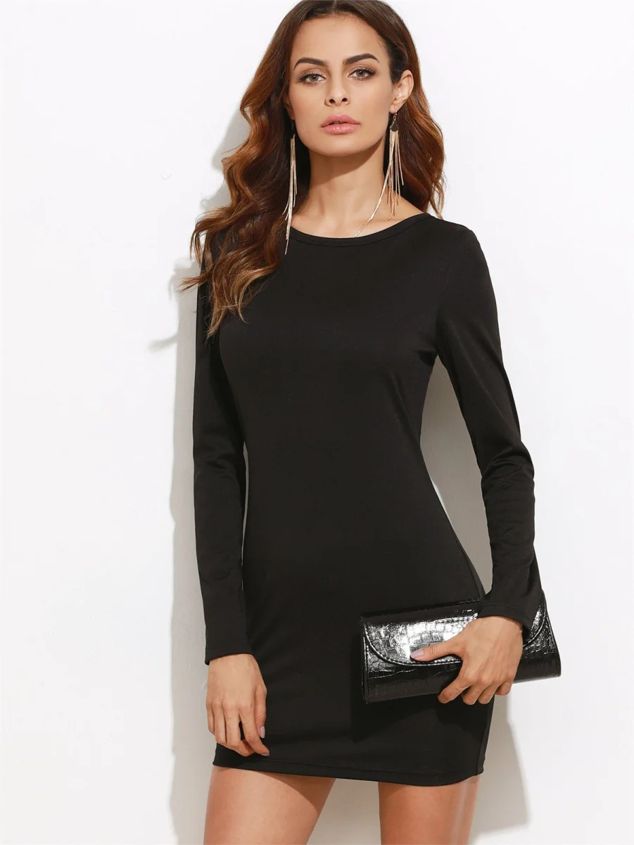 B101321 Sırt Dekolteli Uzun Kollu Mini Elbise