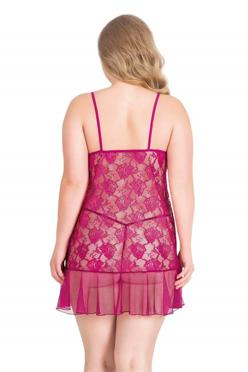 Büyük Beden Vişne Kısa Tül Gecelik