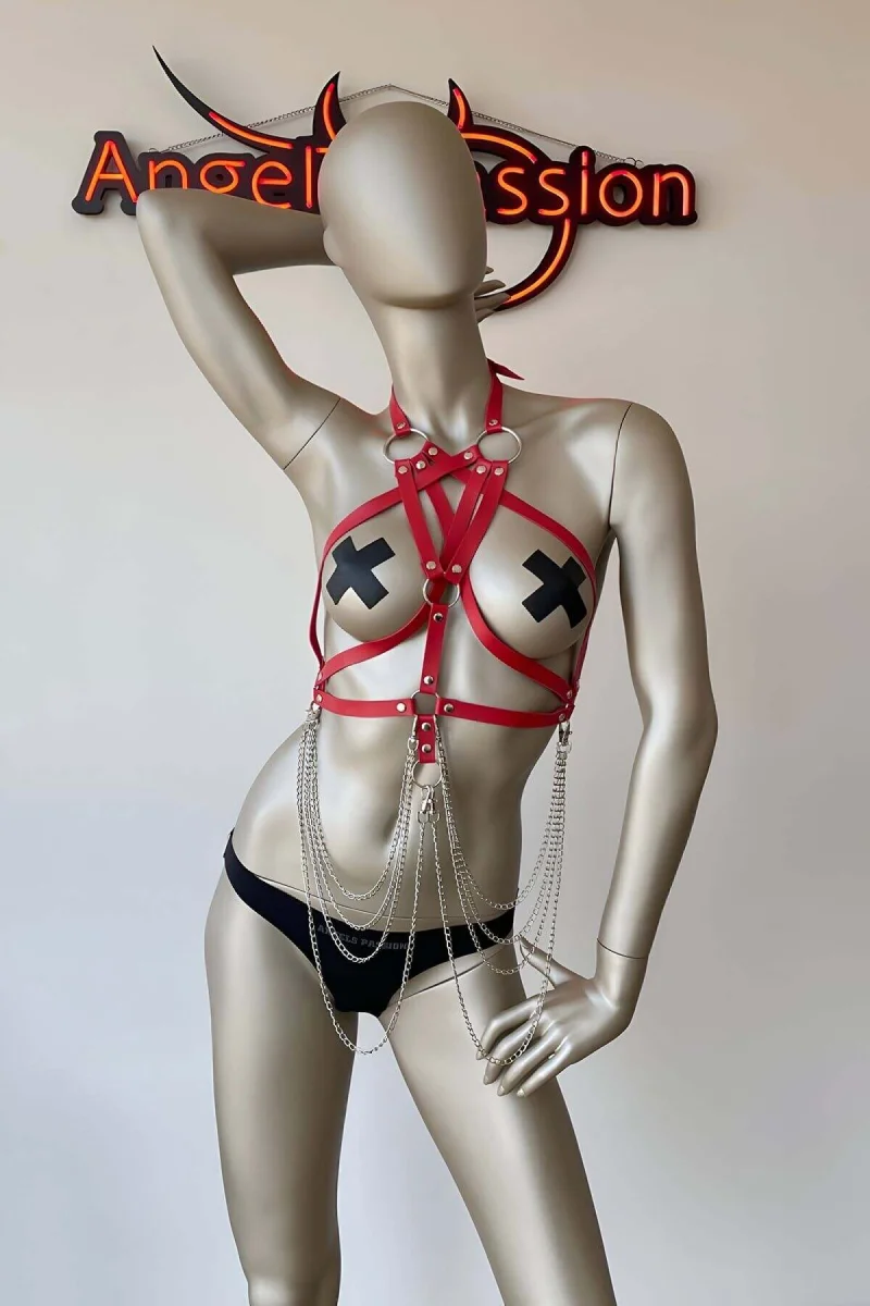 Kırmızı Göğüs Üzeri Seksi Erotik Harness