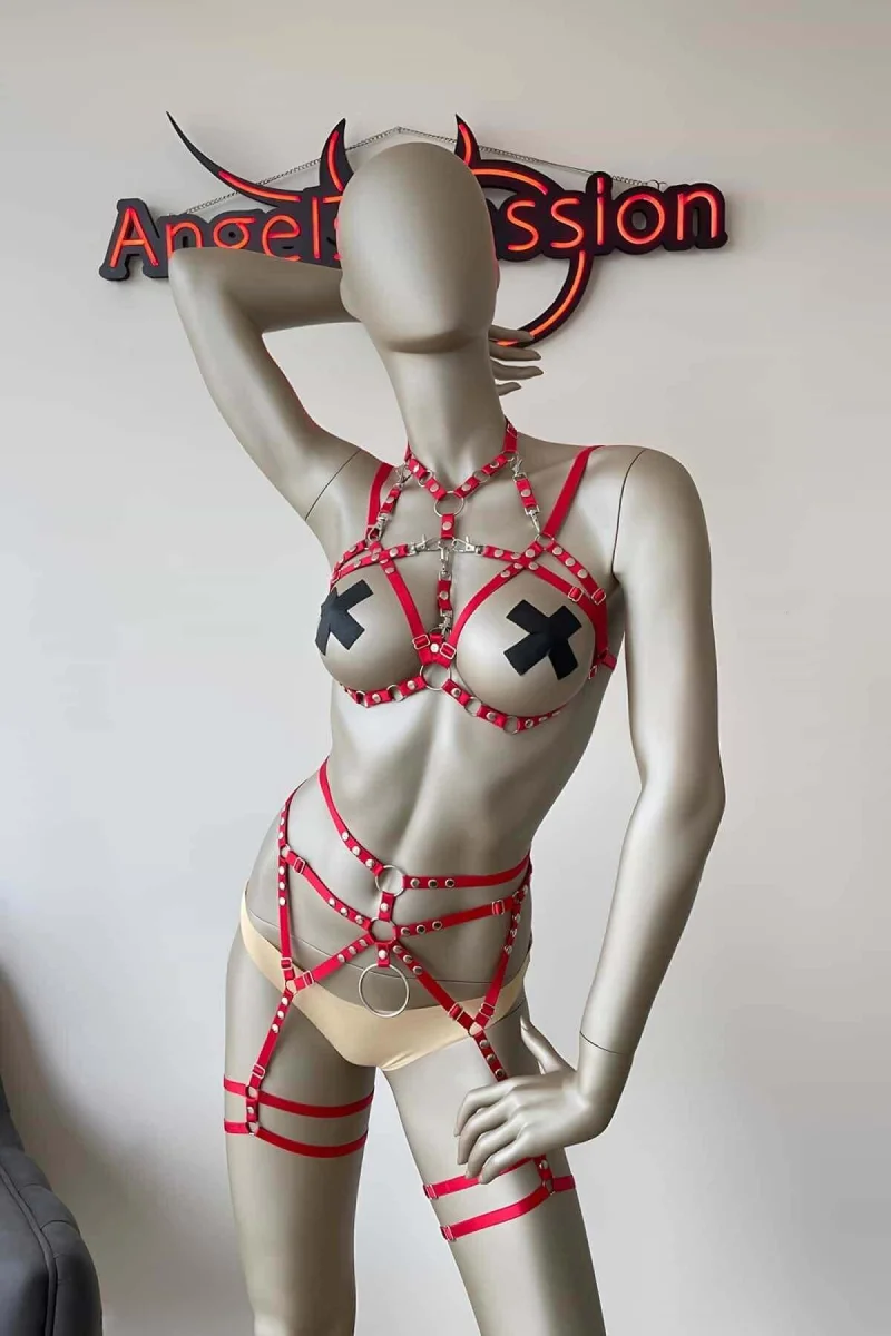 Kırmızı Seksi Elastik Jartiyer Harness Takım