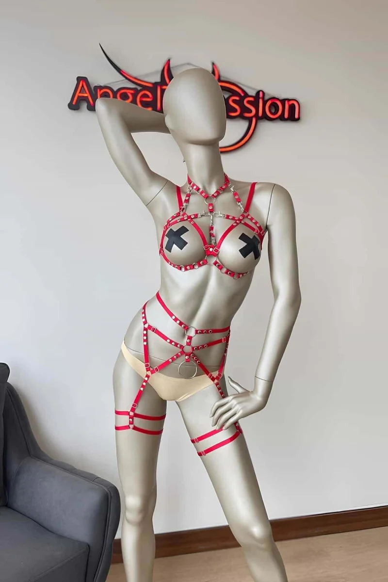 Kırmızı Seksi Elastik Jartiyer Harness Takım