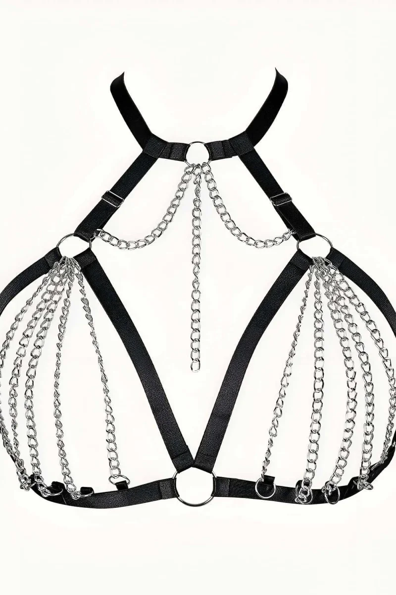 Zincirli Lastik Seksi Göğüs Harness - Brf805