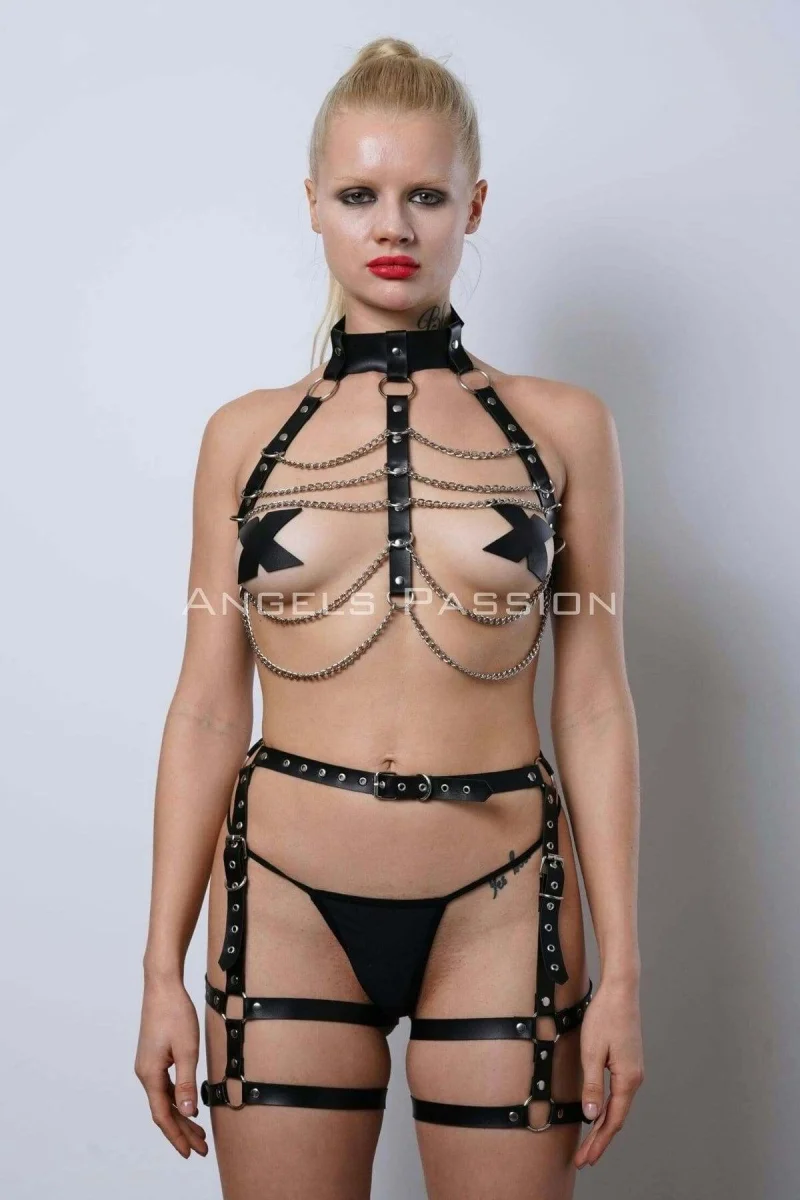 Zincir Detaylı Deri Jartiyer Harness Takım, Deri Zincirli Fantezi Takım - Brf1262