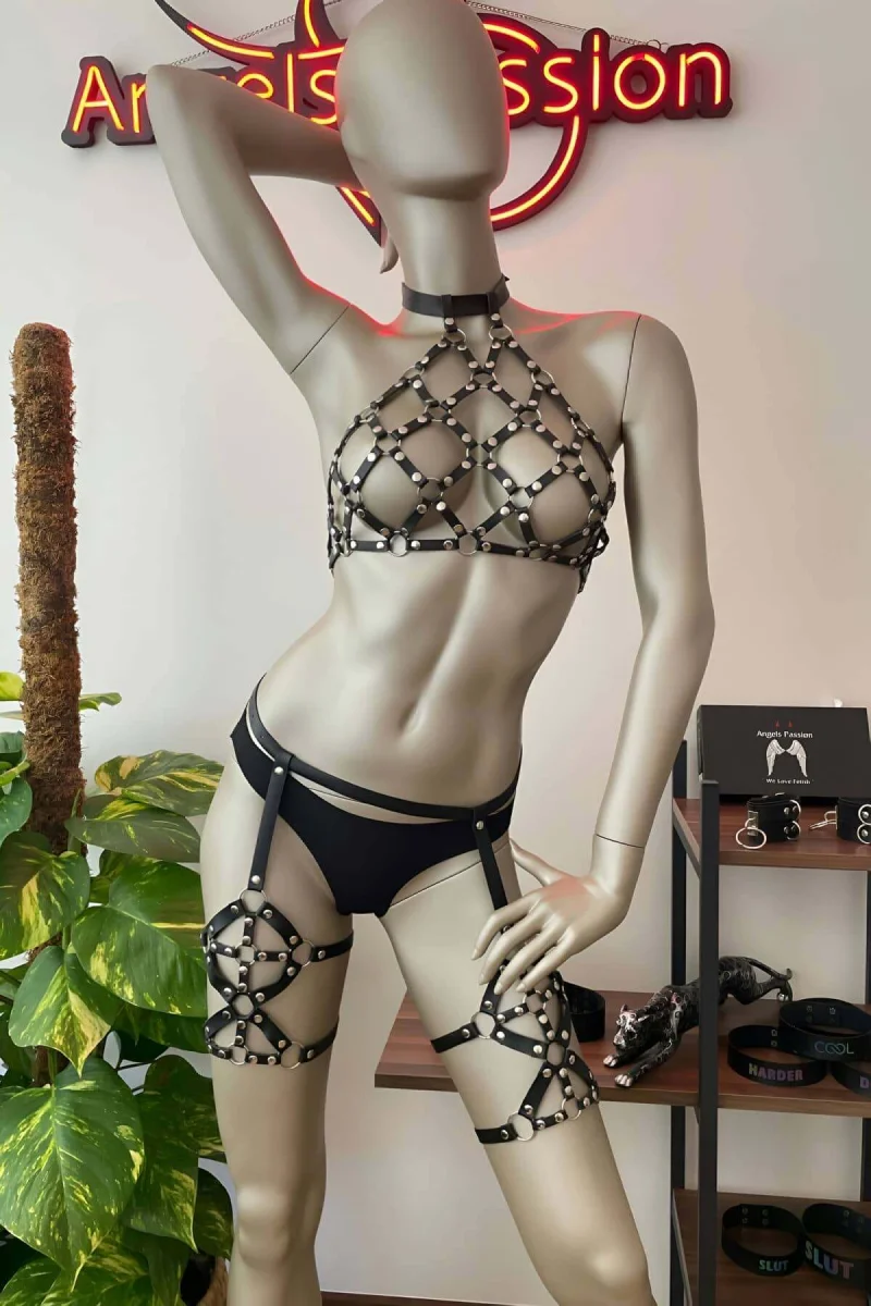 Fantazi Giyim Siyah Deri Jartiyer Takım - Brf460