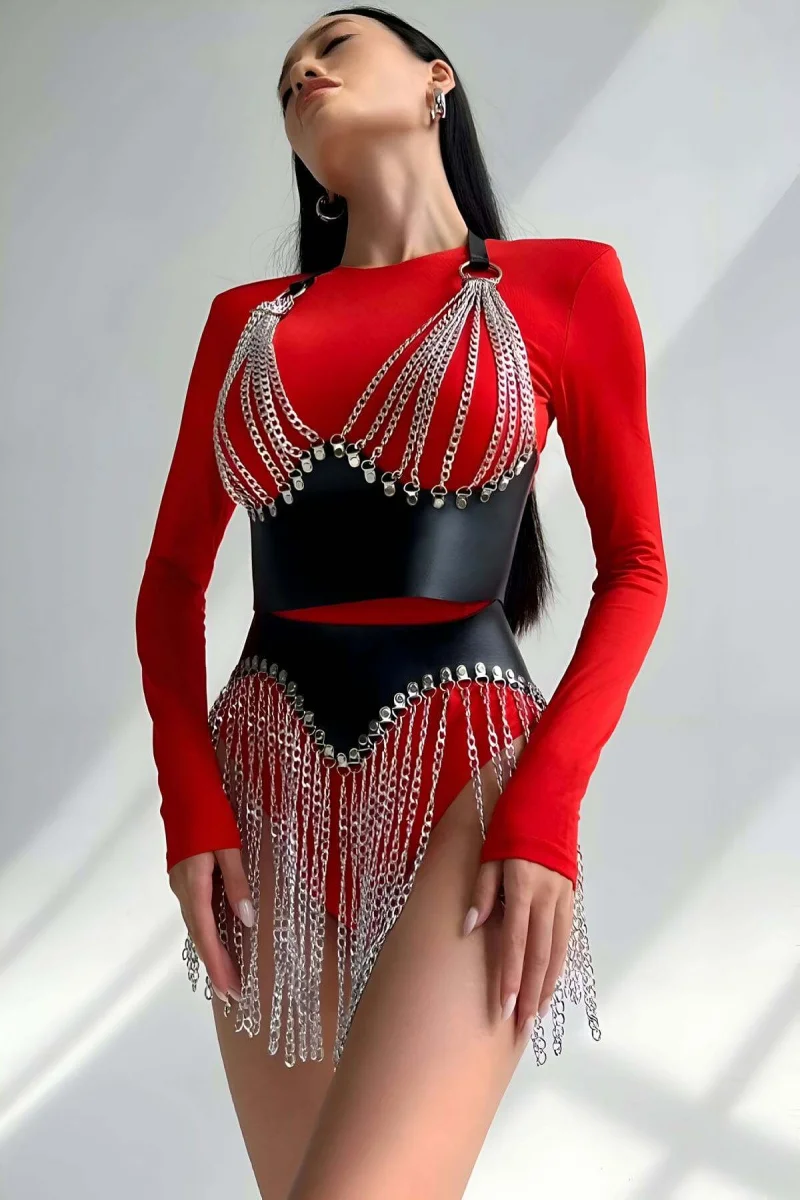 Zincirli Şık Deri Etek Ve Büstiyer Takım - Brf994