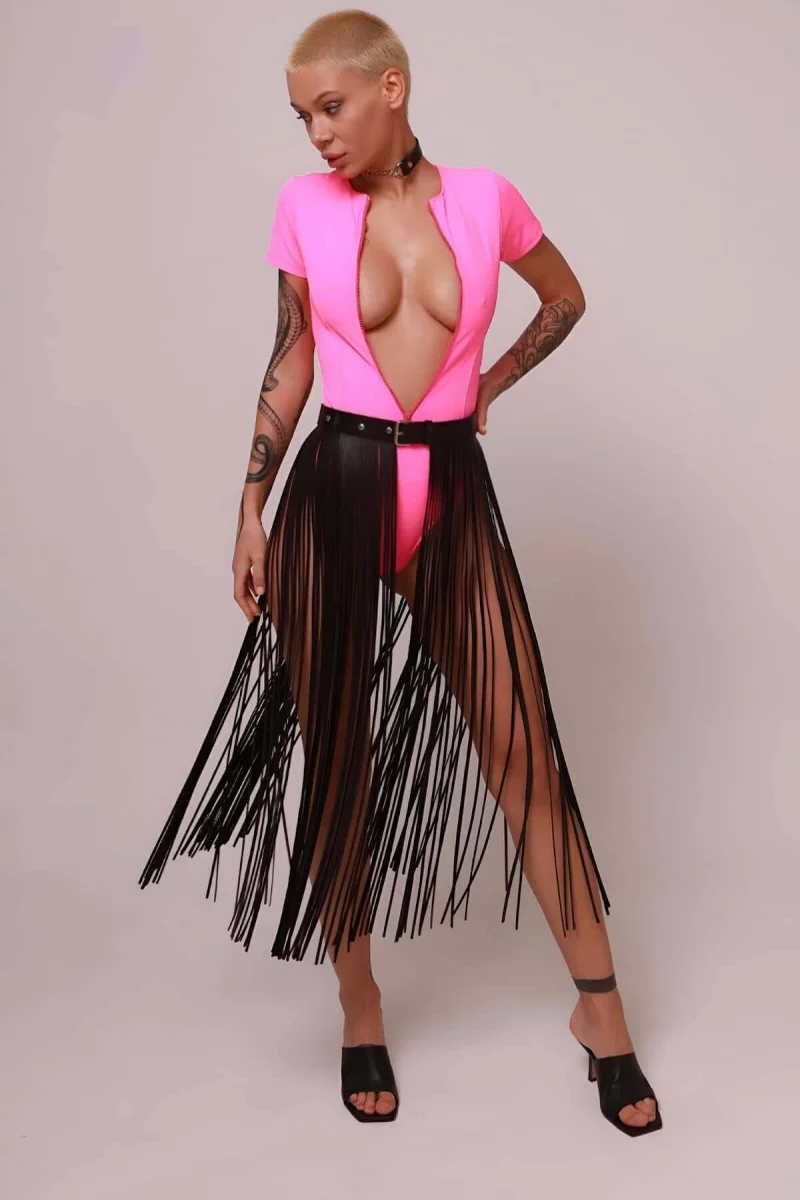 Deri Püsküllü Etek, İnce Püsküllü Boy Etek, Şık Deri Etek Harness - Brf1088