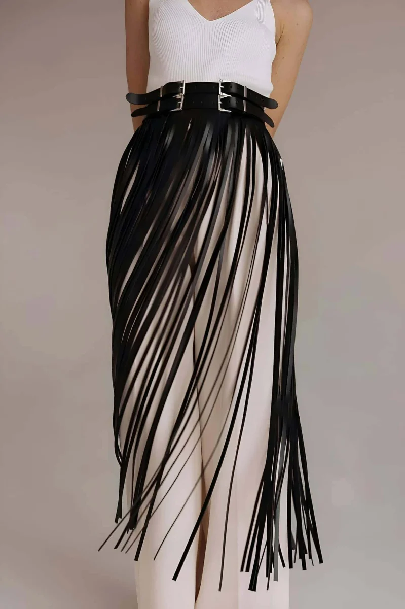 Püsküllü Deri Etek, Bel Üzeri Şık Püsküllü Deri Etek - Brf1090