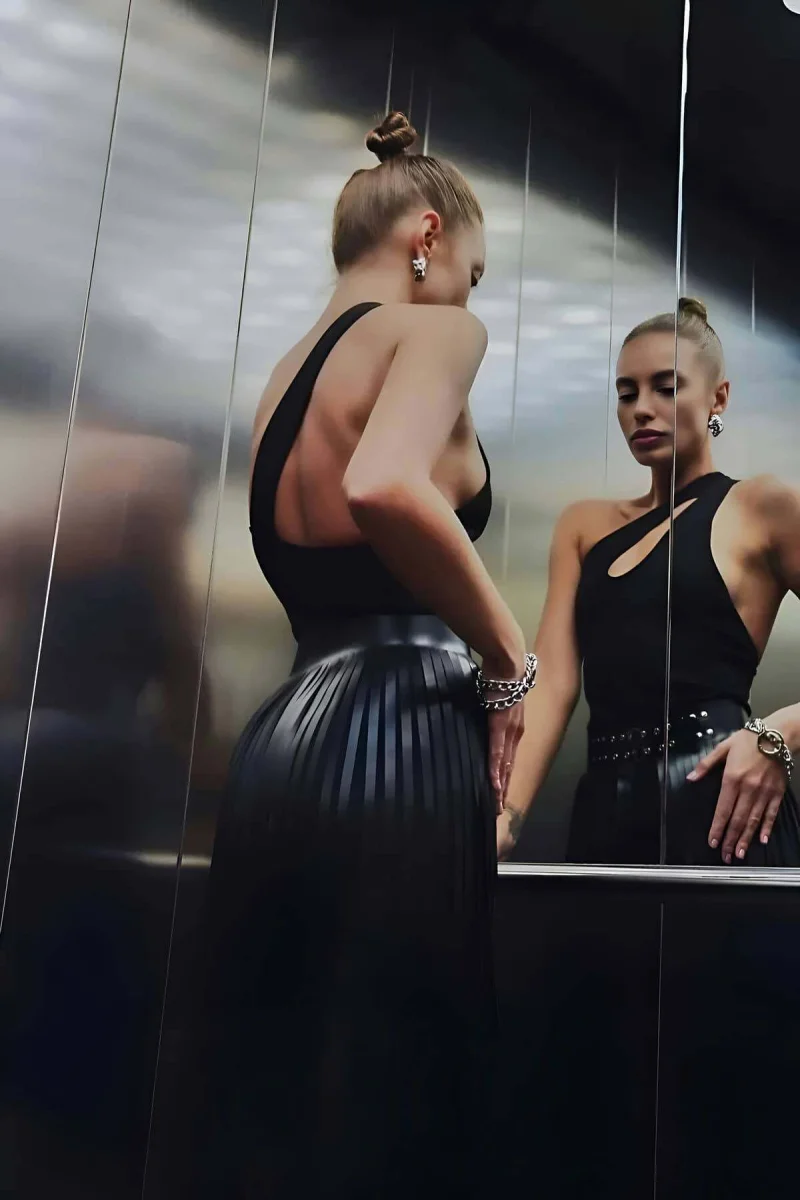 Püsküllü Deri Etek, Şık Deri Etek, Uzun Deri Etek, Siyah Deri Etek - Brf637