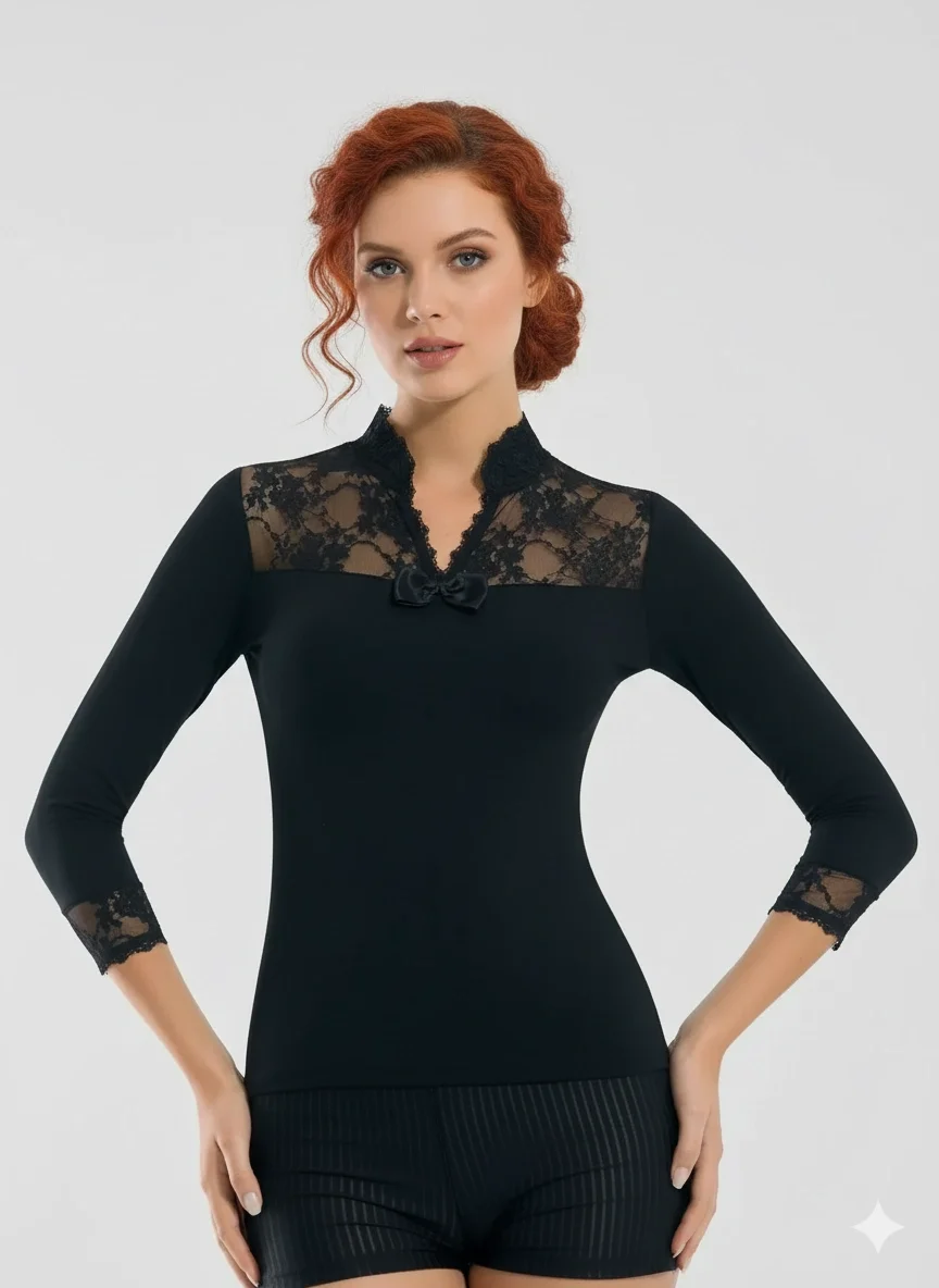 Geniş Dantelli Patlı Uzun Kollu Elestan Bluz  2176