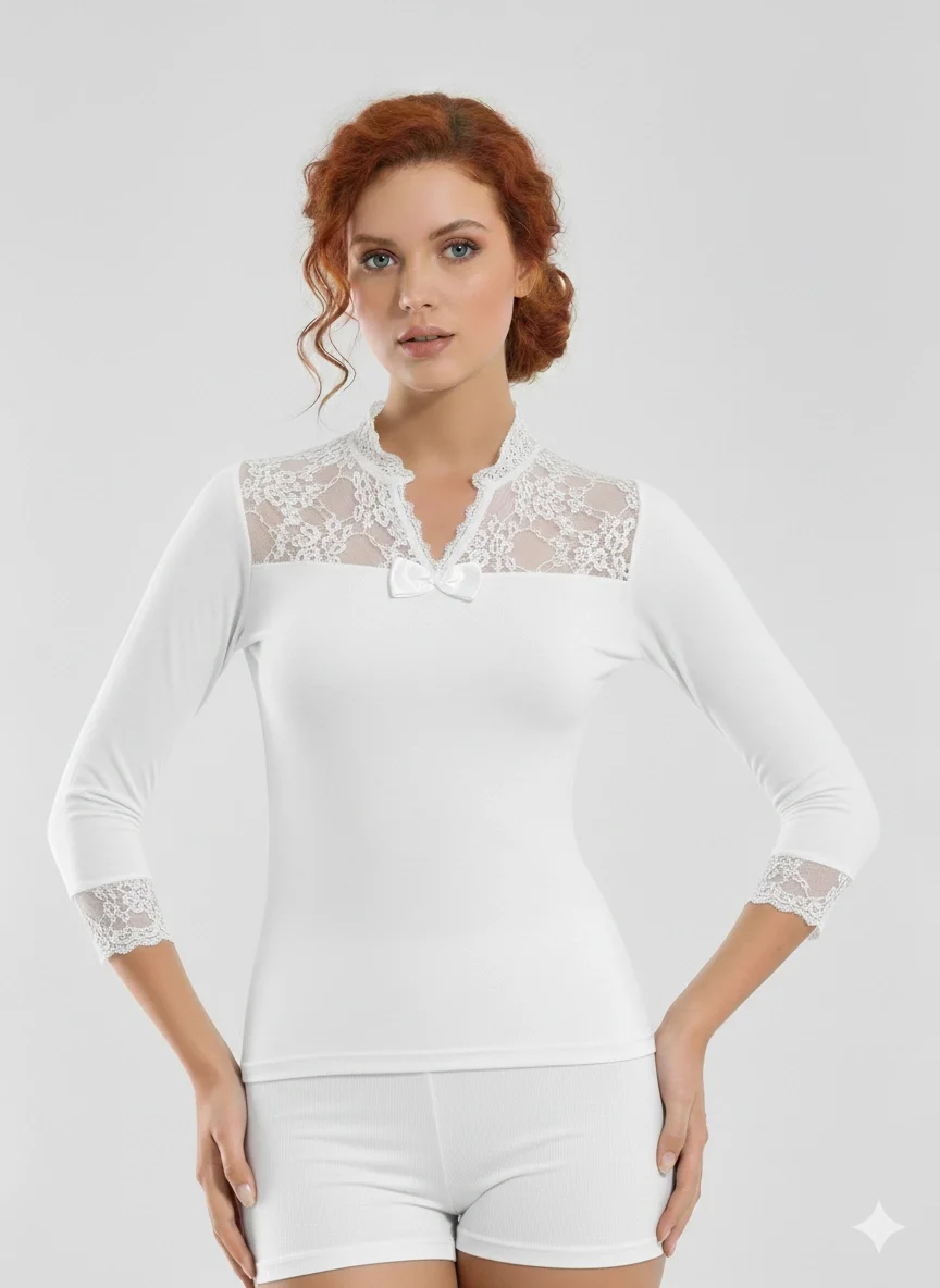 Geniş Dantelli Patlı Uzun Kollu Elestan Bluz  2176