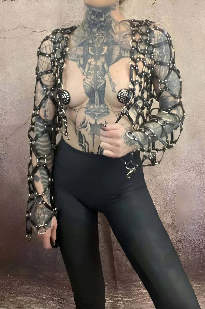 Çapraz Tasarım Uzun Kollu Deri Crop Bağlamalı Büstiyer Harness- Brf1076