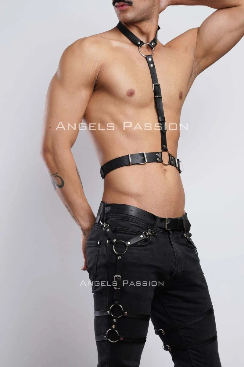 Erkek  Jartiyer Ve Göğüs Harness, Deri Erkek  Bacak Harness, Deri Göğüs Harness, Partywear, Clubwear - Brfm202