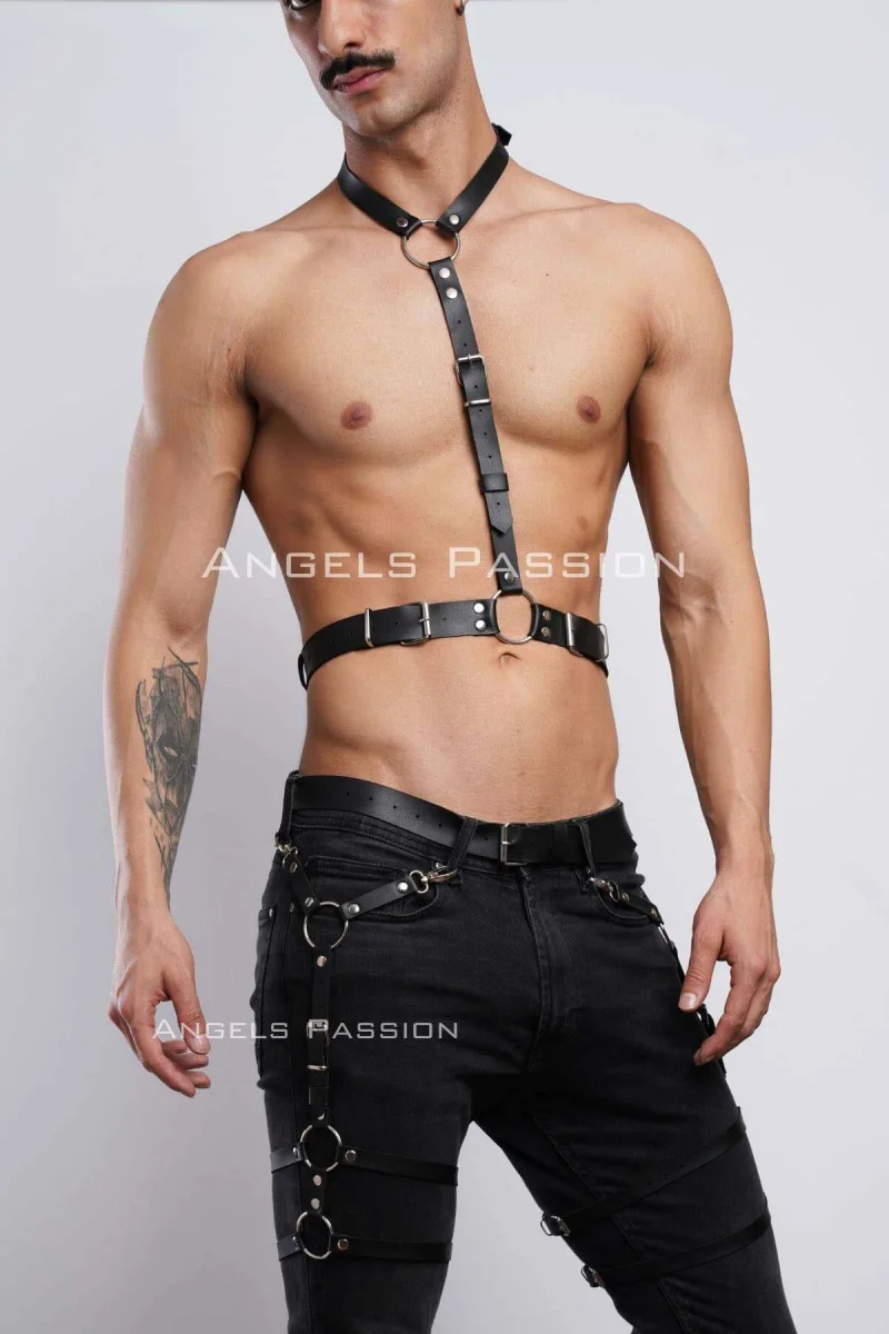 Erkek  Jartiyer Ve Göğüs Harness, Deri Erkek  Bacak Harness, Deri Göğüs Harness, Partywear, Clubwear - Brfm202