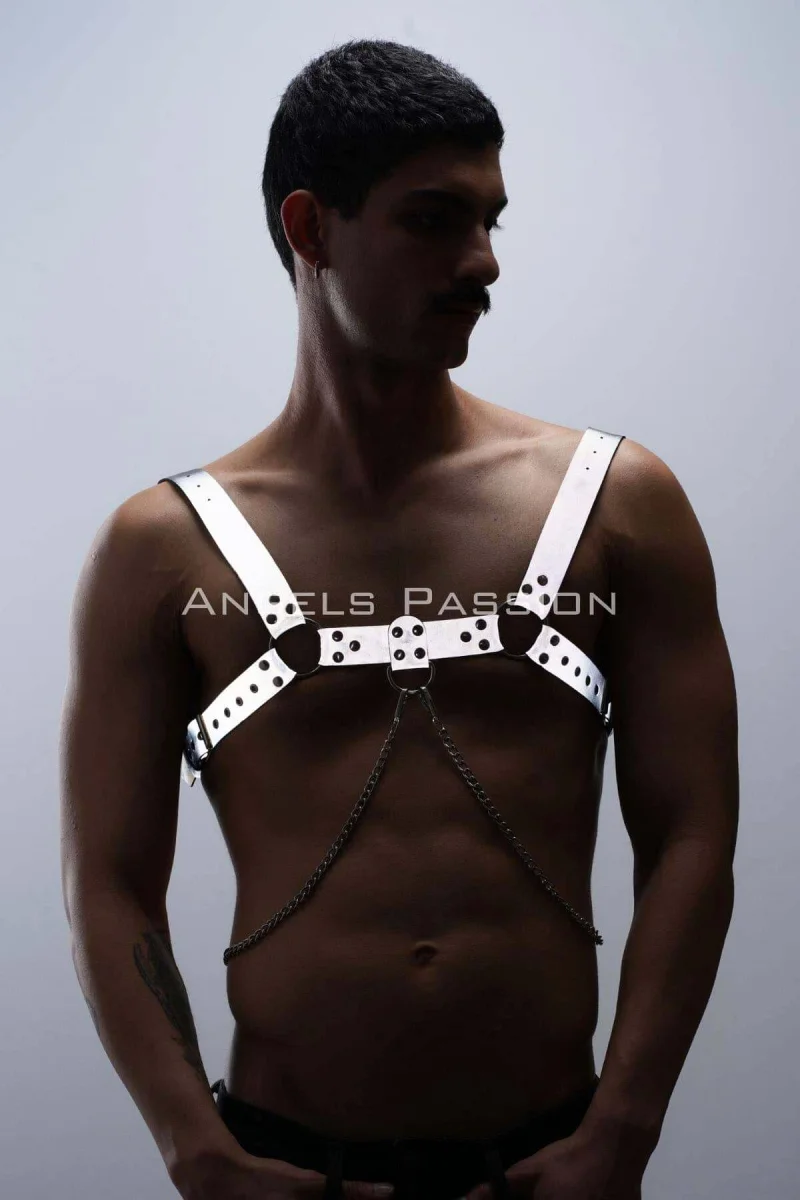 Reflektörlü (karanlıkta Parlayan) Zincir Detaylı Şık Erkek  Göğüs Harness, Reflektörlü Clubwear - Brfm109