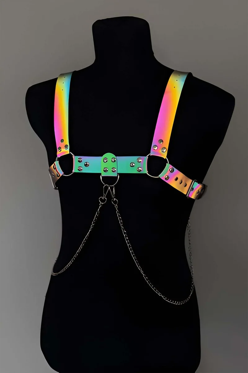 Rainbow Reflektörlü (karanlıkta Parlayan) Zincir Detaylı Şık Erkek  Göğüs Harness, Reflektörlü Clubwear - Brfm109