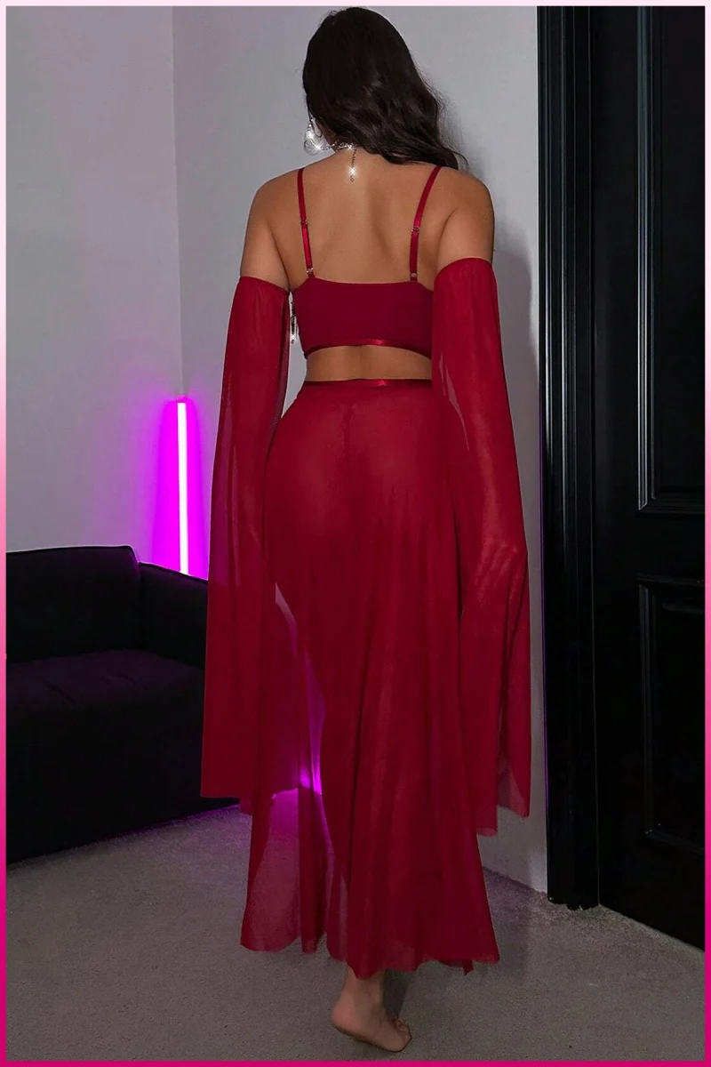 Bordo Pul Aksesuarlı Tül Etekli Kadın Seksi Gecelik