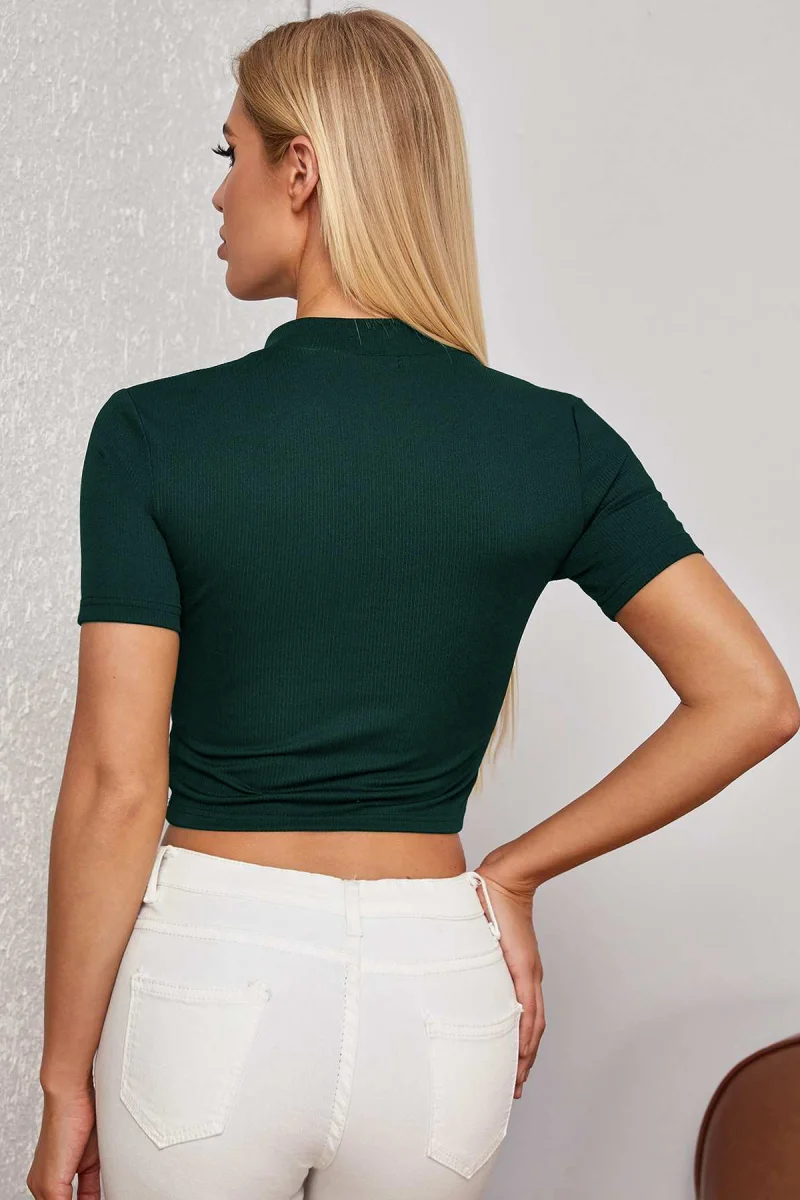 Kadın Yeşil Yarım Fermuarlı Ve Kısa Kollu Crop Top Bluz