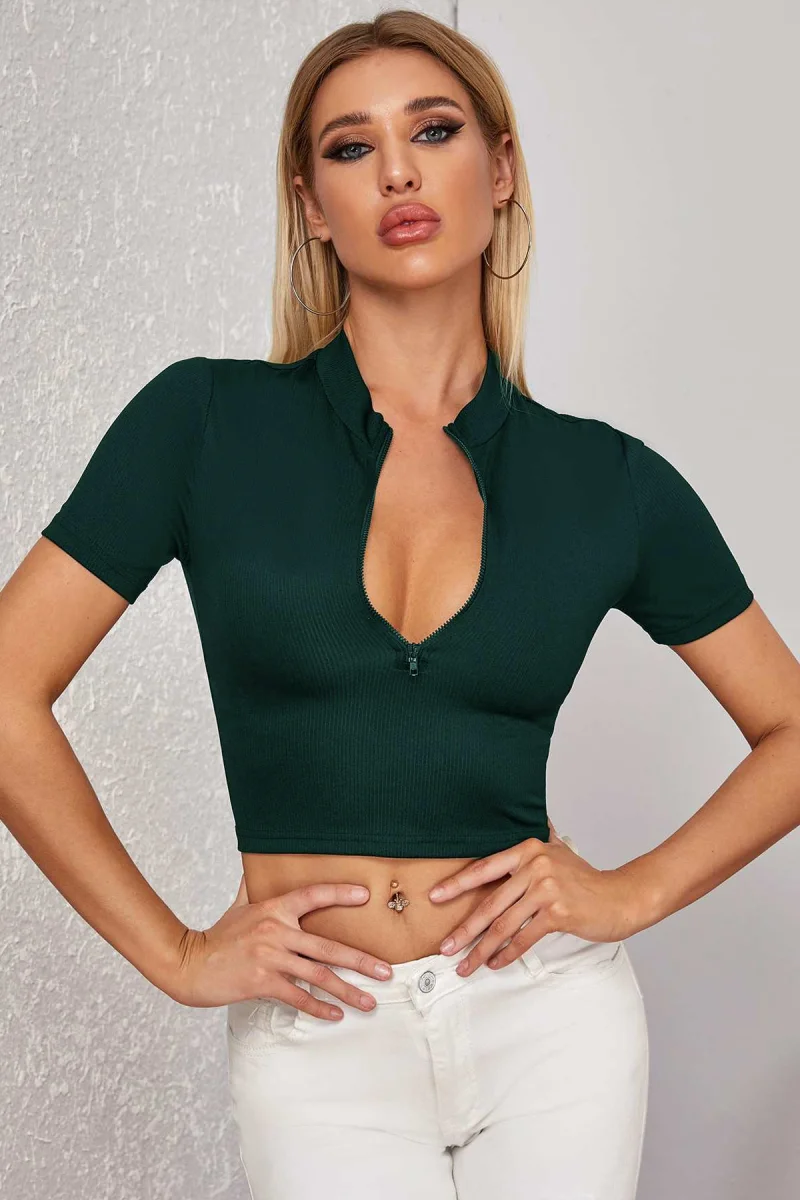 Kadın Yeşil Yarım Fermuarlı Ve Kısa Kollu Crop Top Bluz