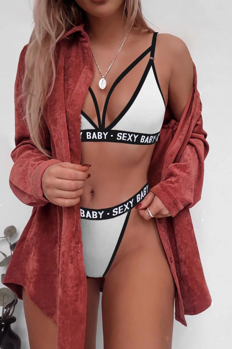 Kadın Beyaz Yazı Detaylı Ipli Sütyen Takımı