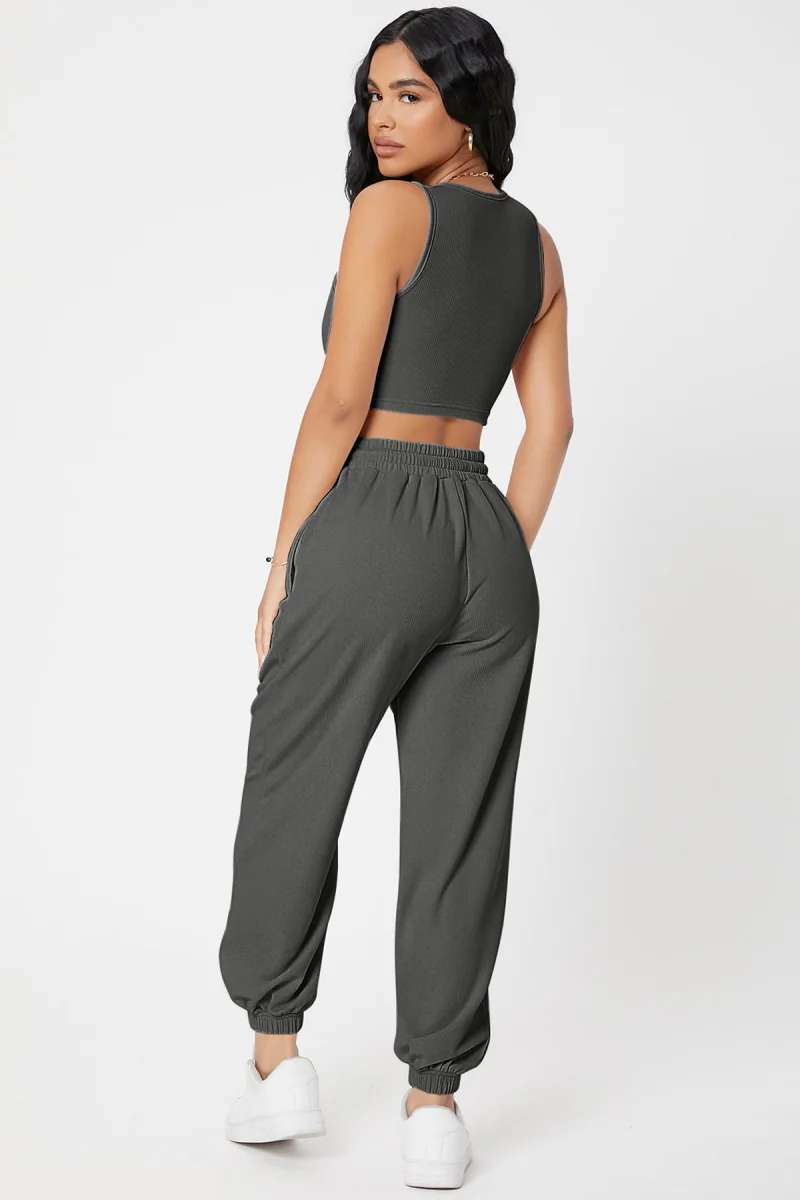 Kadın Antrasit Gri Kaşkorse Cepli Jogger Eşofman Altı Ve Crop Top Bluz