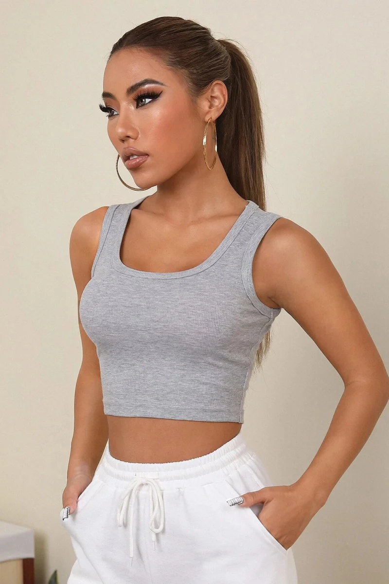 Kadın Gri Kare Yaka Crop Top Bluz