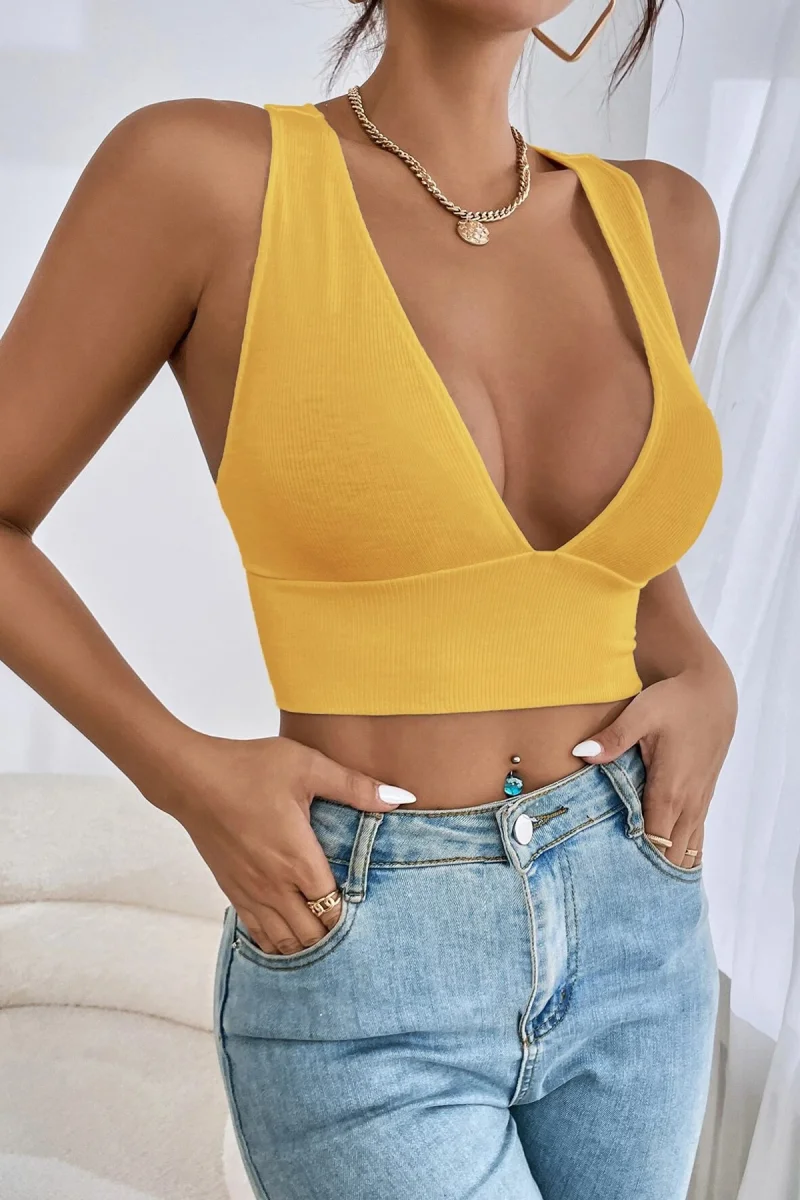 Kadın Sarı Çapraz Sırt Detaylı Şık Crop Top Büstiyer