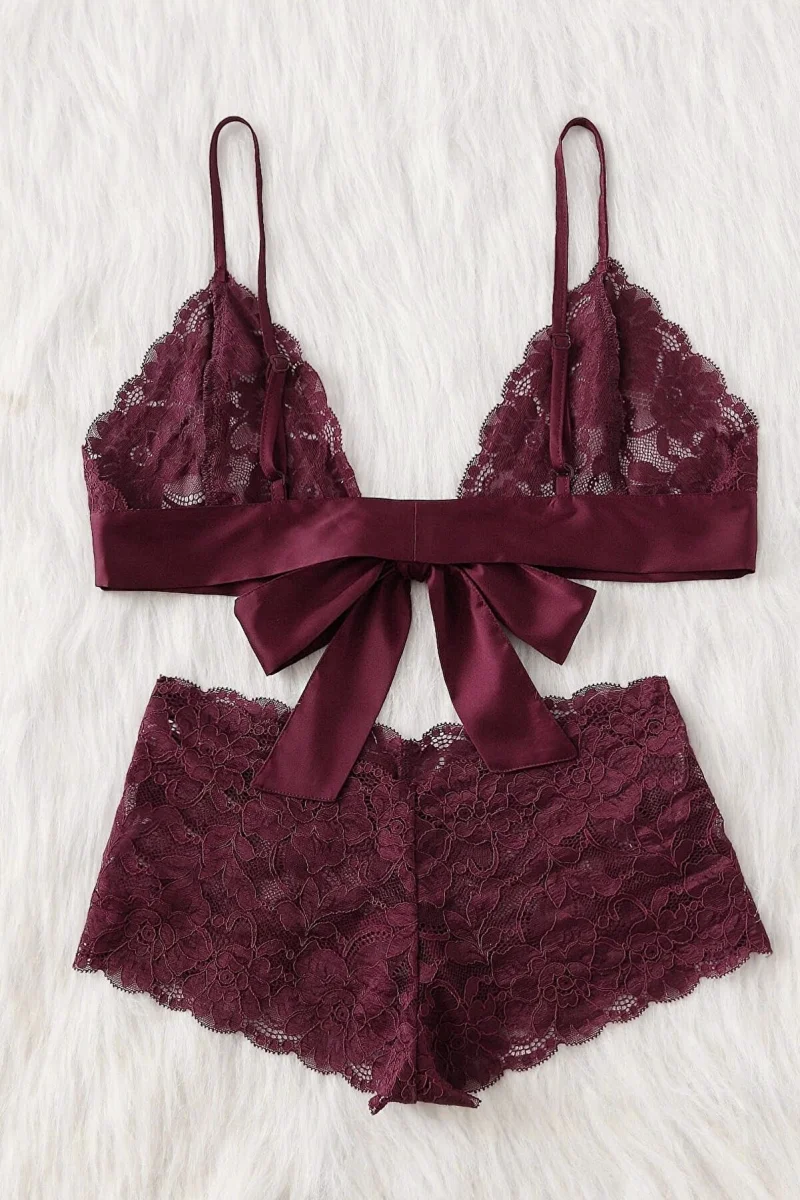 Kadın Bordo Dantelli & Kurdelalı Sütyen Külot Takımı