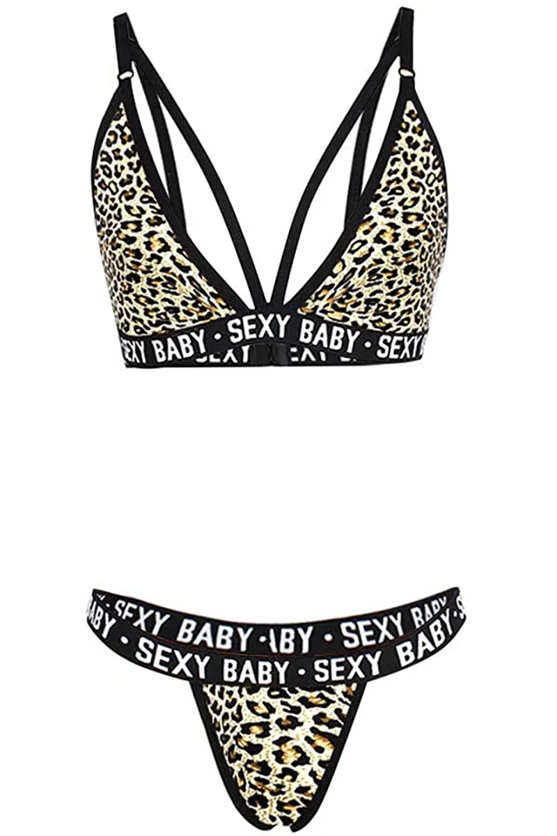 Kadın Leopar Desenli Yazı Detaylı Ipli Sütyen Takımı