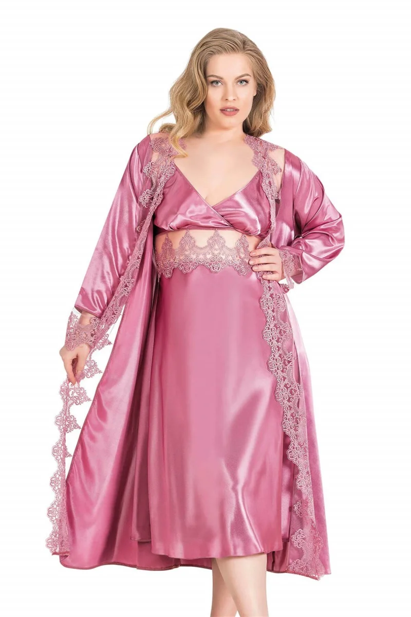 Büyük Beden Gül Kurusu Uzun İkili Saten Sabahlık Gecelik Takımı